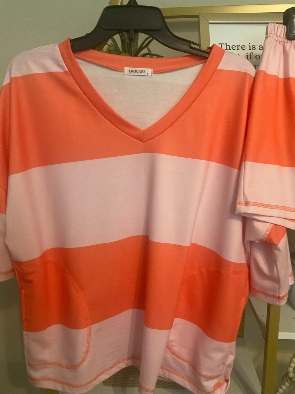 Coral & Light Pink Striped V-Neck Short set